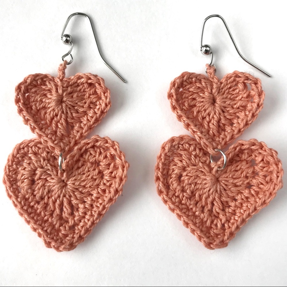 Coral Double Heart Earrings Handmade Valentines